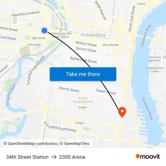 34th Street Station to 2300 Arena map