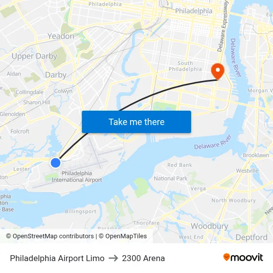 Philadelphia Airport Limo to 2300 Arena map