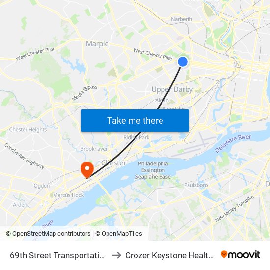 69th Street Transportation Center to Crozer Keystone Health System map