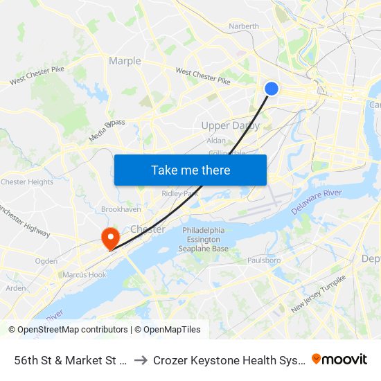 56th St & Market St - Fs to Crozer Keystone Health System map