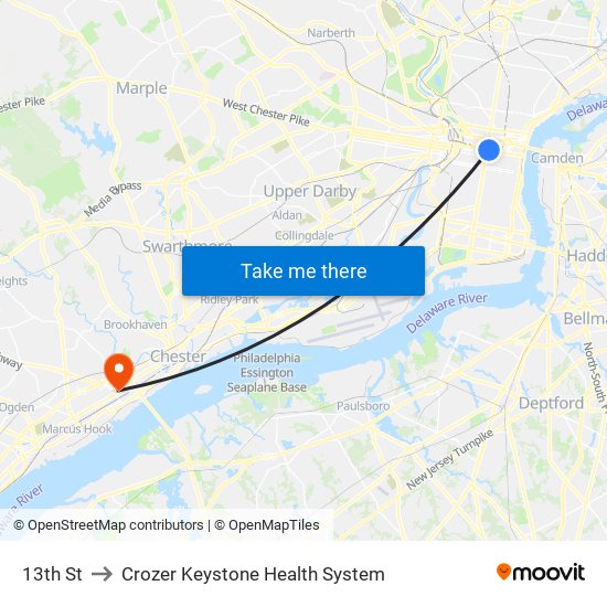 13th St to Crozer Keystone Health System map