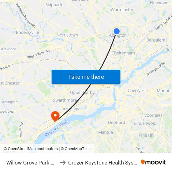 Willow Grove Park Mall to Crozer Keystone Health System map