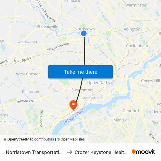 Norristown Transit Center to Crozer Keystone Health System map