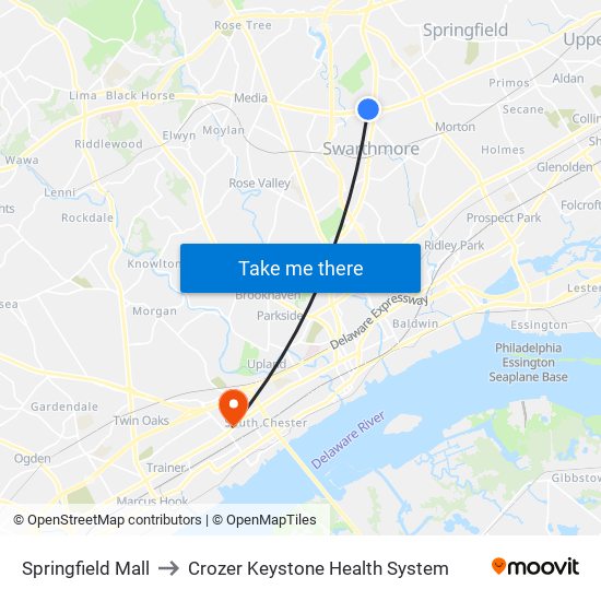 Springfield Mall to Crozer Keystone Health System map