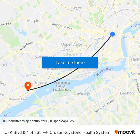JFK Blvd & 15th St to Crozer Keystone Health System map