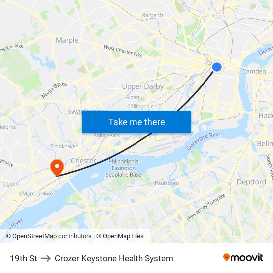 19th St to Crozer Keystone Health System map