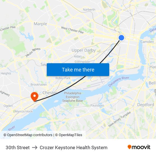 30th Street to Crozer Keystone Health System map