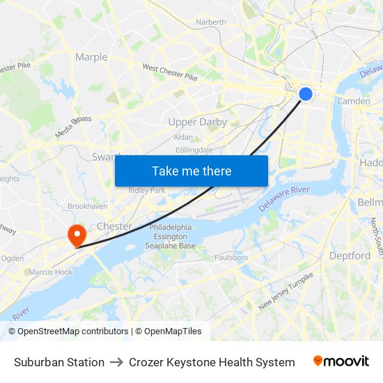 Suburban Station to Crozer Keystone Health System map