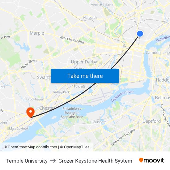 Temple University to Crozer Keystone Health System map