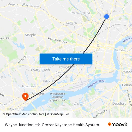 Wayne Junction to Crozer Keystone Health System map