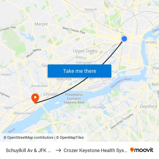 Schuylkill Av & JFK Blvd to Crozer Keystone Health System map