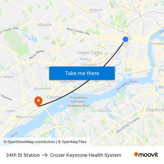 34th St Station to Crozer Keystone Health System map