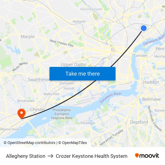 Allegheny Station to Crozer Keystone Health System map