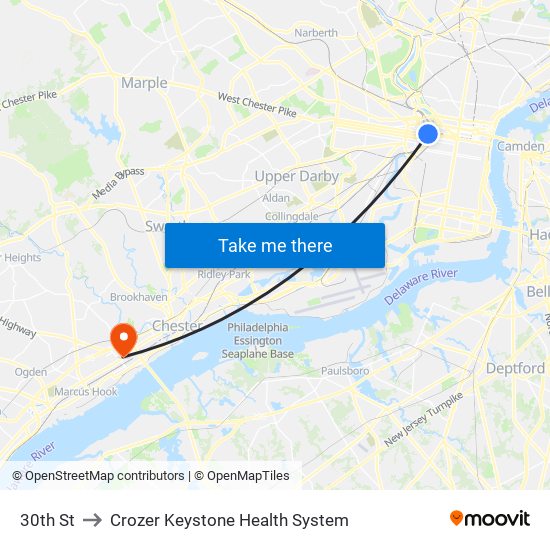 30th St to Crozer Keystone Health System map