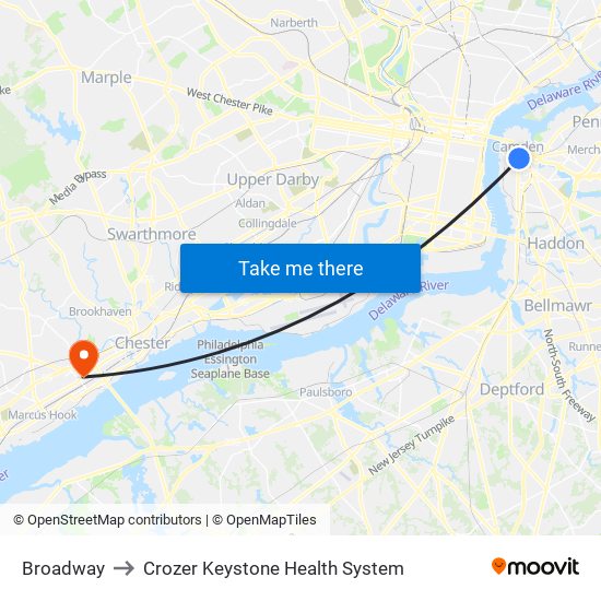 Broadway to Crozer Keystone Health System map