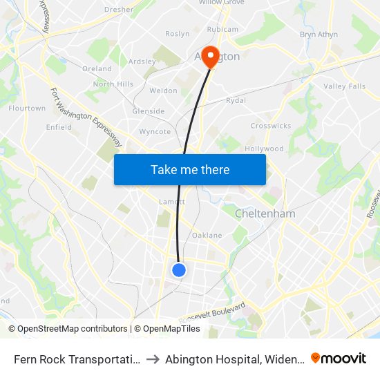 Fern Rock Transportation Center to Abington Hospital, Widener Building map