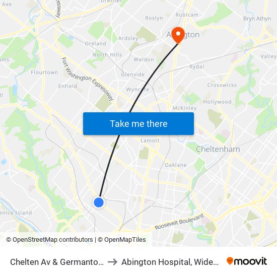 Chelten Av & Germantown Av - FS to Abington Hospital, Widener Building map