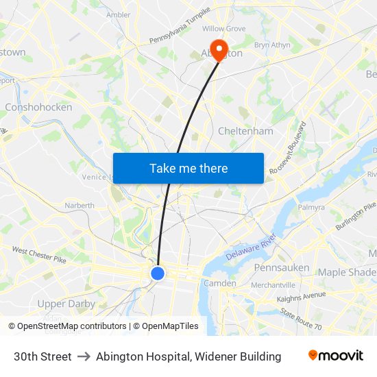 30th Street to Abington Hospital, Widener Building map