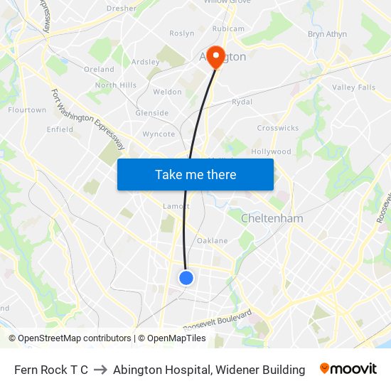 Fern Rock T C to Abington Hospital, Widener Building map