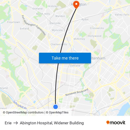 Erie to Abington Hospital, Widener Building map