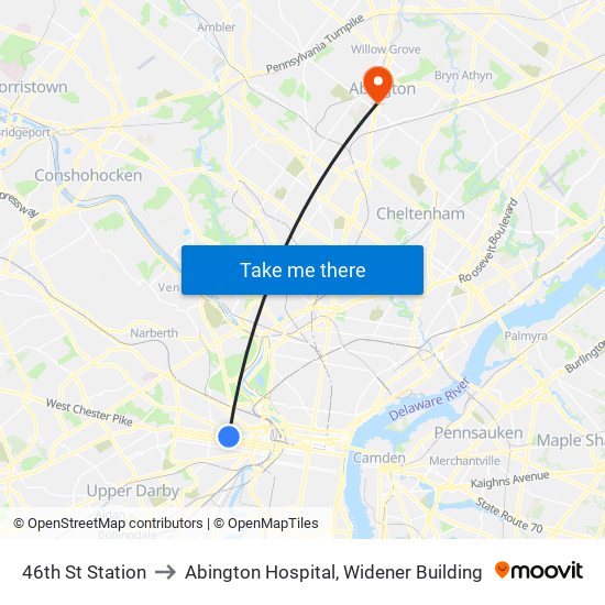 46th St Station to Abington Hospital, Widener Building map