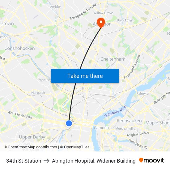 34th St Station to Abington Hospital, Widener Building map