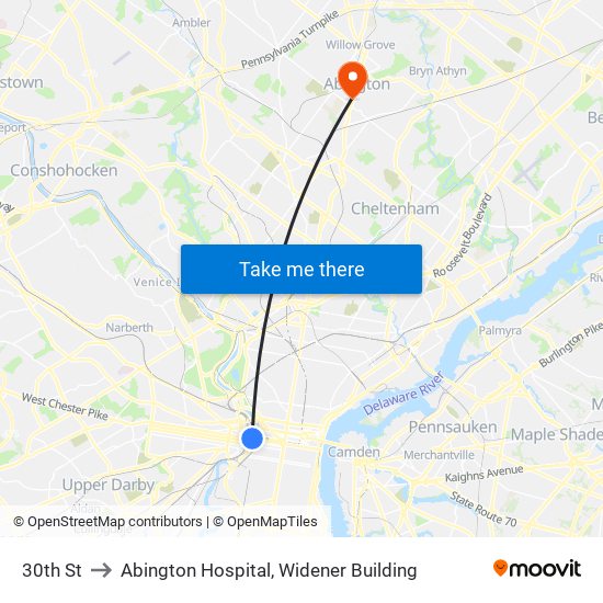 30th St to Abington Hospital, Widener Building map