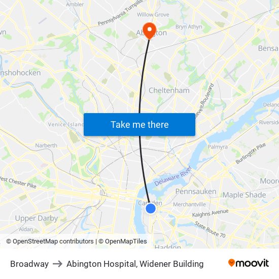 Broadway to Abington Hospital, Widener Building map