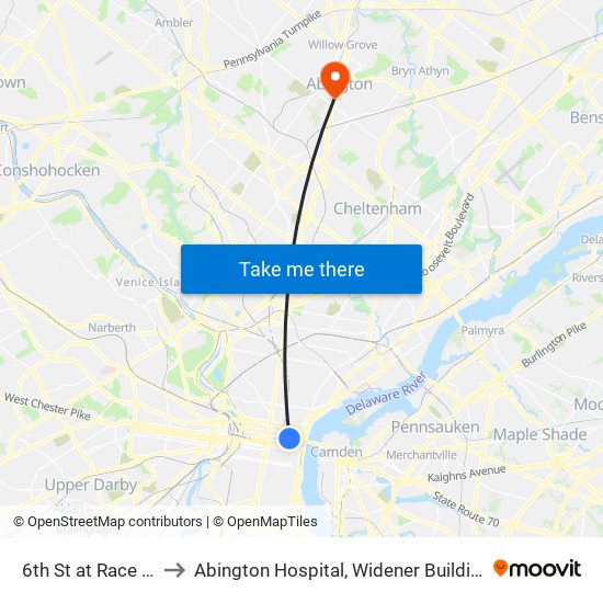 6th St at Race St to Abington Hospital, Widener Building map