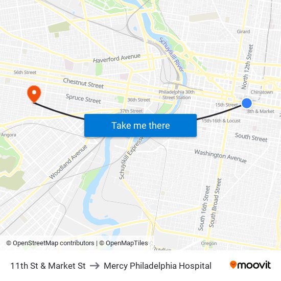 11th St & Market St to Mercy Philadelphia Hospital map