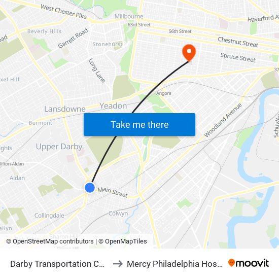 Darby Transportation Center to Mercy Philadelphia Hospital map