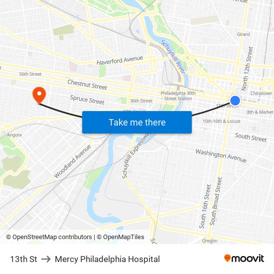 13th St to Mercy Philadelphia Hospital map