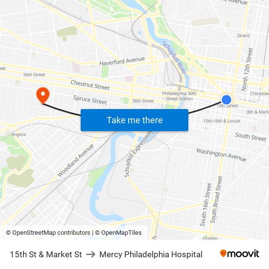 15th St & Market St to Mercy Philadelphia Hospital map