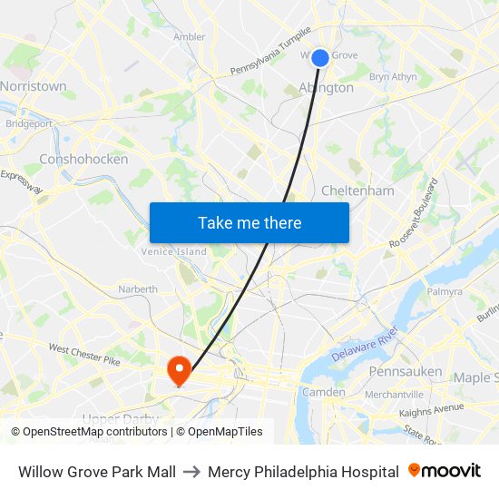 Willow Grove Park Mall to Mercy Philadelphia Hospital map