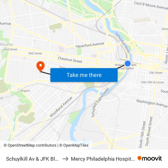 Schuylkill Av & JFK Blvd to Mercy Philadelphia Hospital map