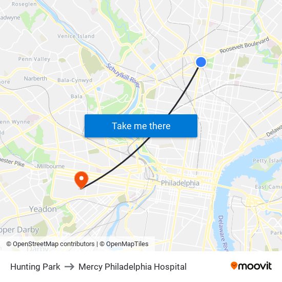 Hunting Park to Mercy Philadelphia Hospital map