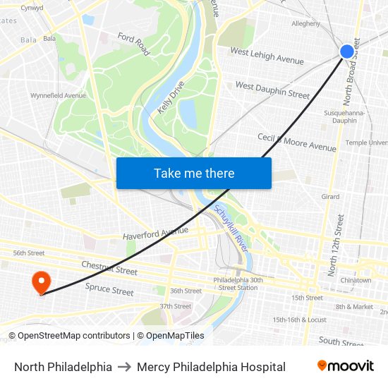 North Philadelphia to Mercy Philadelphia Hospital map