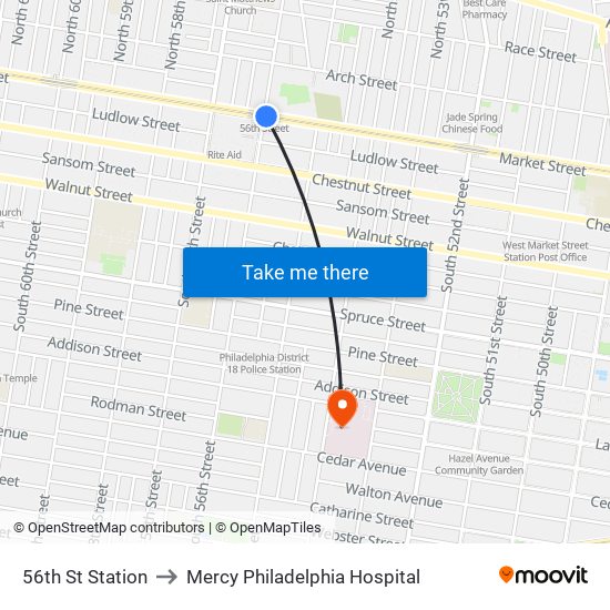 56th St Station to Mercy Philadelphia Hospital map