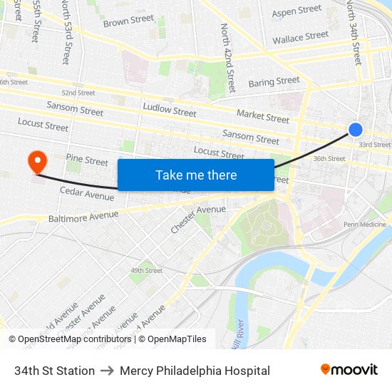 34th St Station to Mercy Philadelphia Hospital map