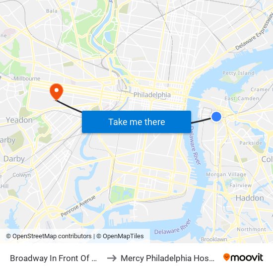 Broadway In Front Of Wrtc to Mercy Philadelphia Hospital map