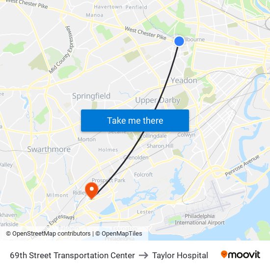 69th Street Transportation Center to Taylor Hospital map