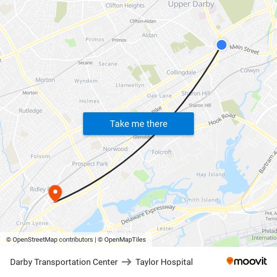 Darby Transportation Center to Taylor Hospital map