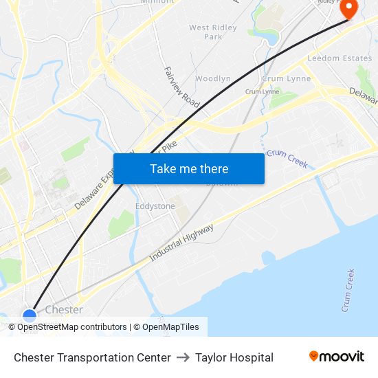 Chester Transportation Center to Taylor Hospital map