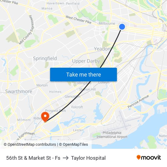 56th St & Market St - Fs to Taylor Hospital map