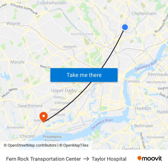 Fern Rock Transit Center to Taylor Hospital map