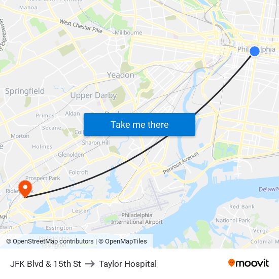 JFK Blvd & 15th St to Taylor Hospital map