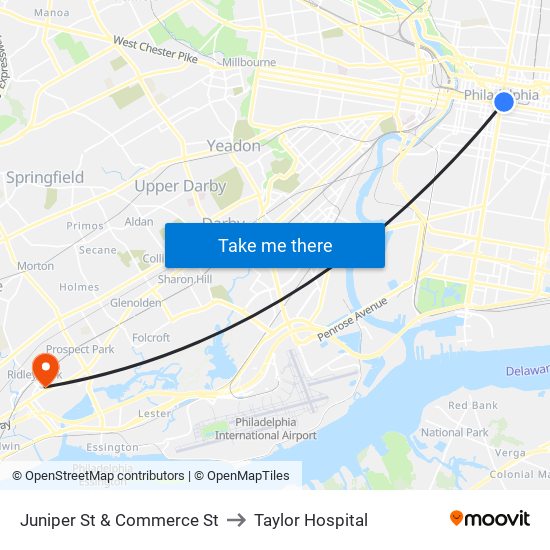 Juniper St & Commerce St to Taylor Hospital map