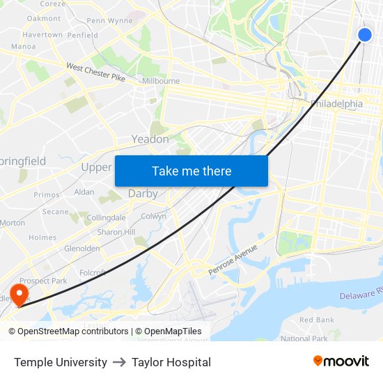 Temple University to Taylor Hospital map