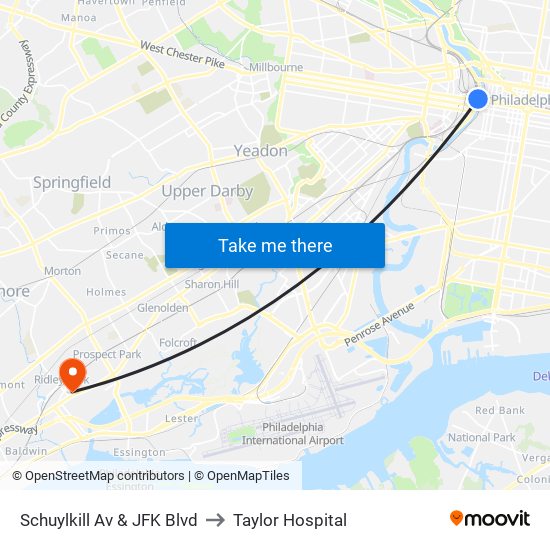 Schuylkill Av & JFK Blvd to Taylor Hospital map