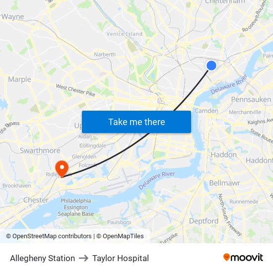 Allegheny Station to Taylor Hospital map